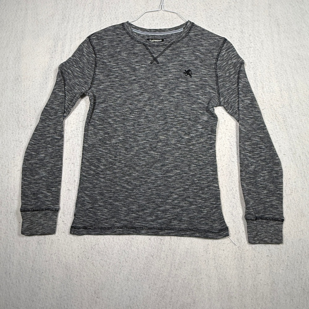 Express Mens Waffle Knit Long Sleeve Shirt Gray Marl Lion Logo Small